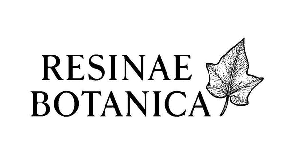 Black text reading 'RESINAE BOTANICA' with a black line-art leaf illustration on a plain white background.