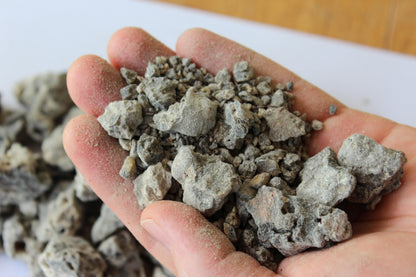 May include: A close-up of a hand holding a collection of small, grey rocks. The rocks are of varying sizes and have a rough, textured appearance. The background is blurred.